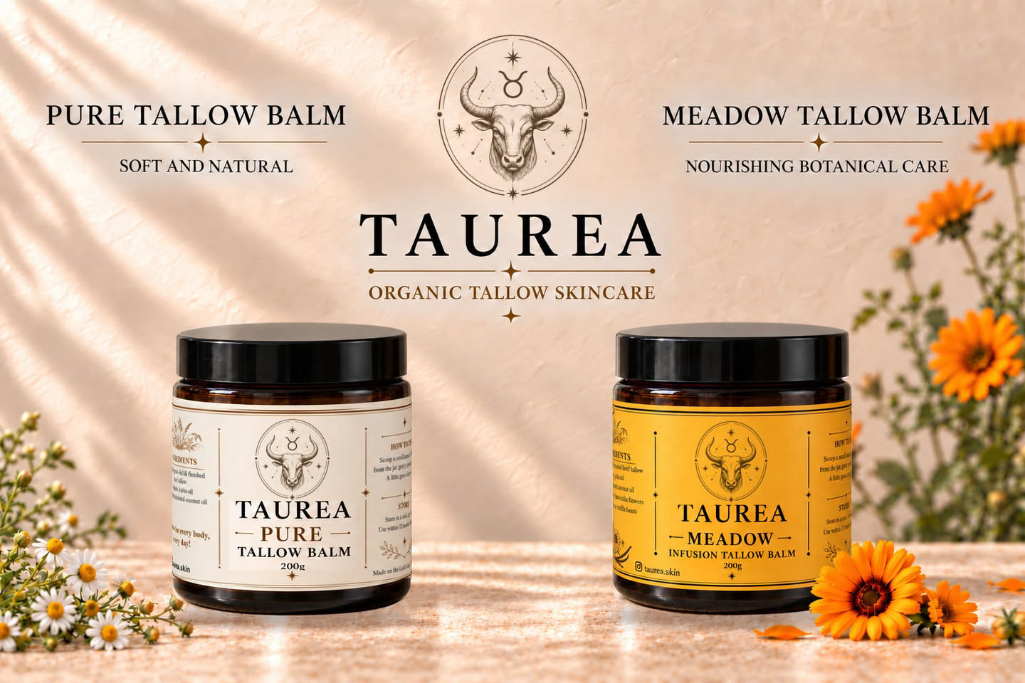 TAUREA Pure and Meadow Infusion tallow balm jars with chamomile and calendula flowers